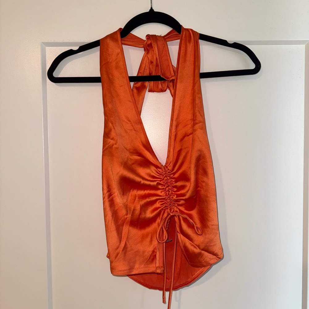 Princess Polly Madra Ruched Satin Halter Tank Top in Vibrant Orange